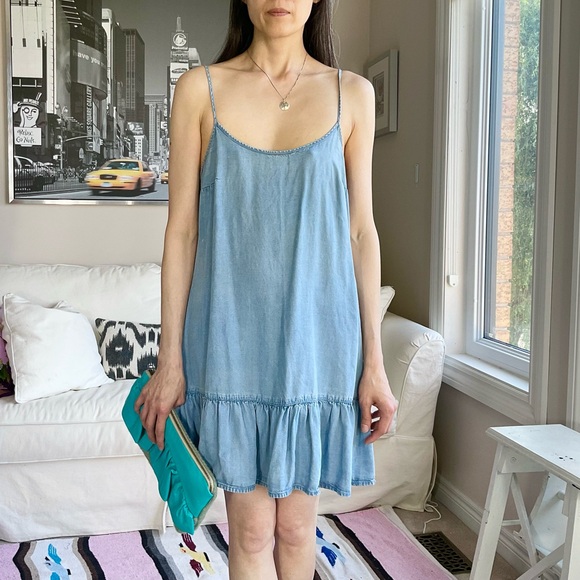 Blue chambray minidress with ruffle hem - Picture 3 of 14
